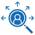 Magnifying glass with person and arrows icon.