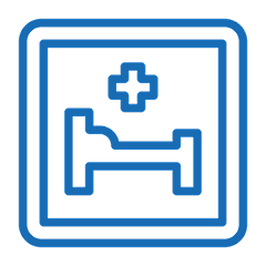 Blue hospital bed icon with medical cross